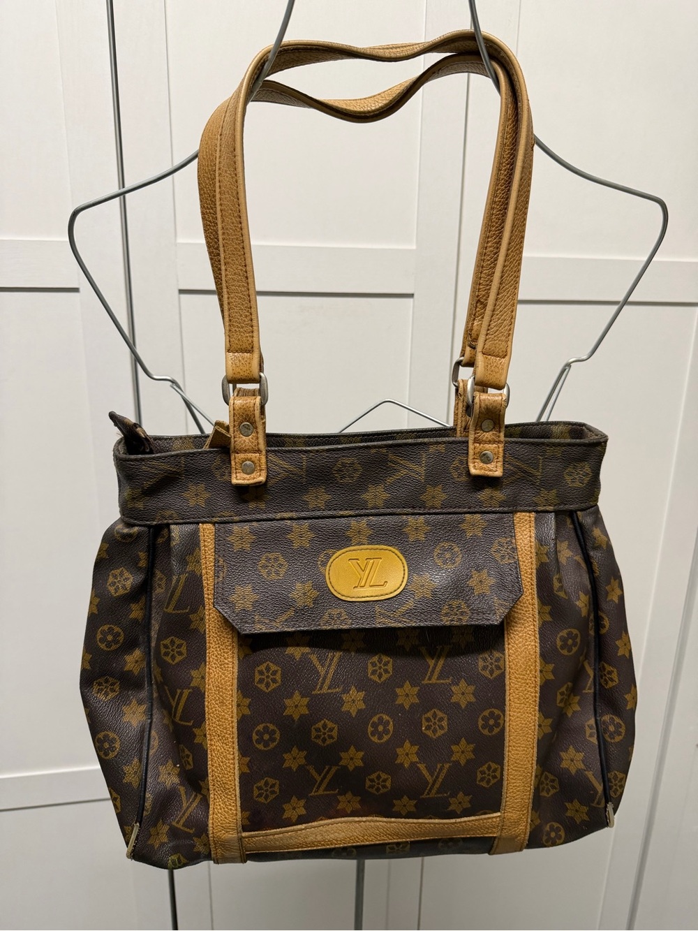 Designer-Style Brown Monogram Tote Bag with Tan Trim